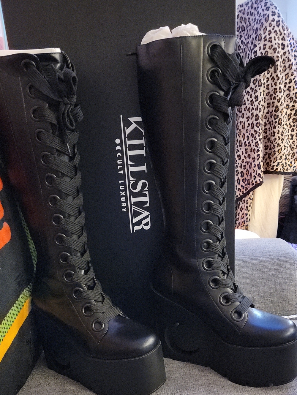 New with Box Killstar Dawn Black Lace-Up Platform Knee-High Boots Size 9